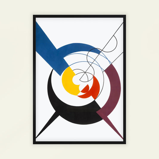 Framed abstract art with geometric shapes on a white background. Dynamic Construction, Penetration of Spirals and Diagonals by Sophie Taeuber-Arp