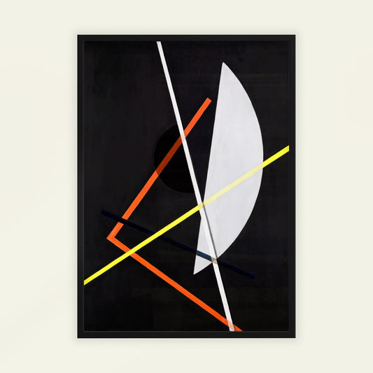 E IV (Construction VII) by Laszlo Moholy-Nagy. Abstract art piece with geometric shapes on a black background
