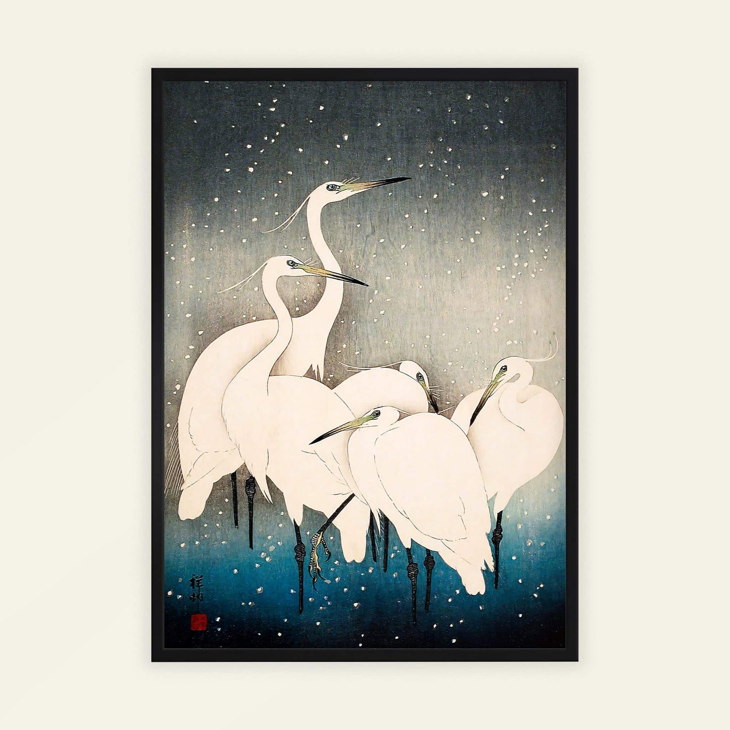 Egrets in the Snow by Ohara Koson, landscape print, home office decor, Japanese woodblock, nature, living room wall art, framed wall art, art poster