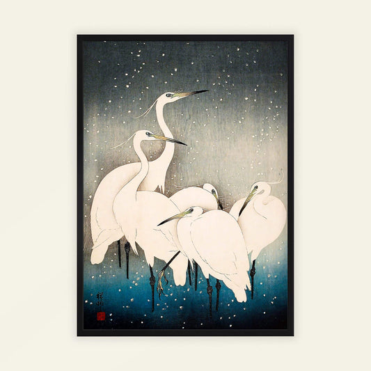 Framed artwork of cranes in a snowy landscape. Egrets in the Snow by Ohara Koson