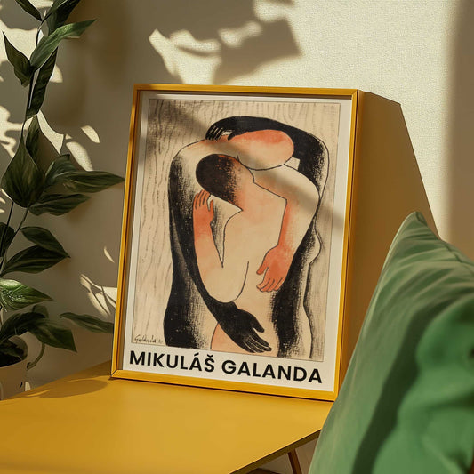 Embrace by Mikuláš Galanda (with artist's name), vintage portrait, bold colour wall art, Slovak folk art, expressionist, vintage poster, framed wall art, art poster