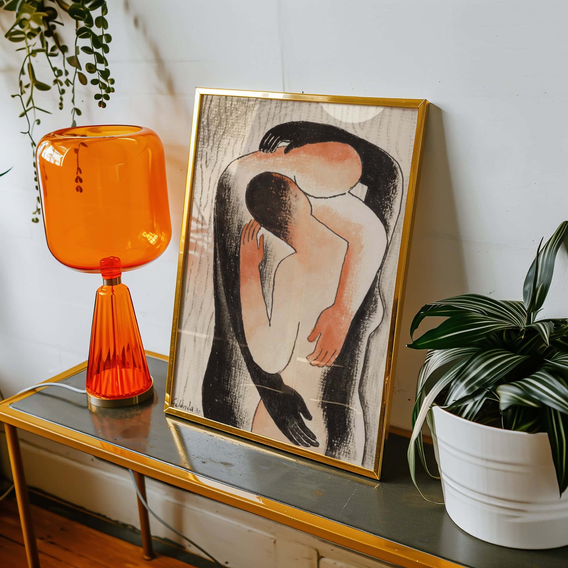 Embrace by Mikuláš Galanda, vintage portrait, bold colour wall art, Slovak expressionist, modernist, affordable wall art, framed wall art, art poster