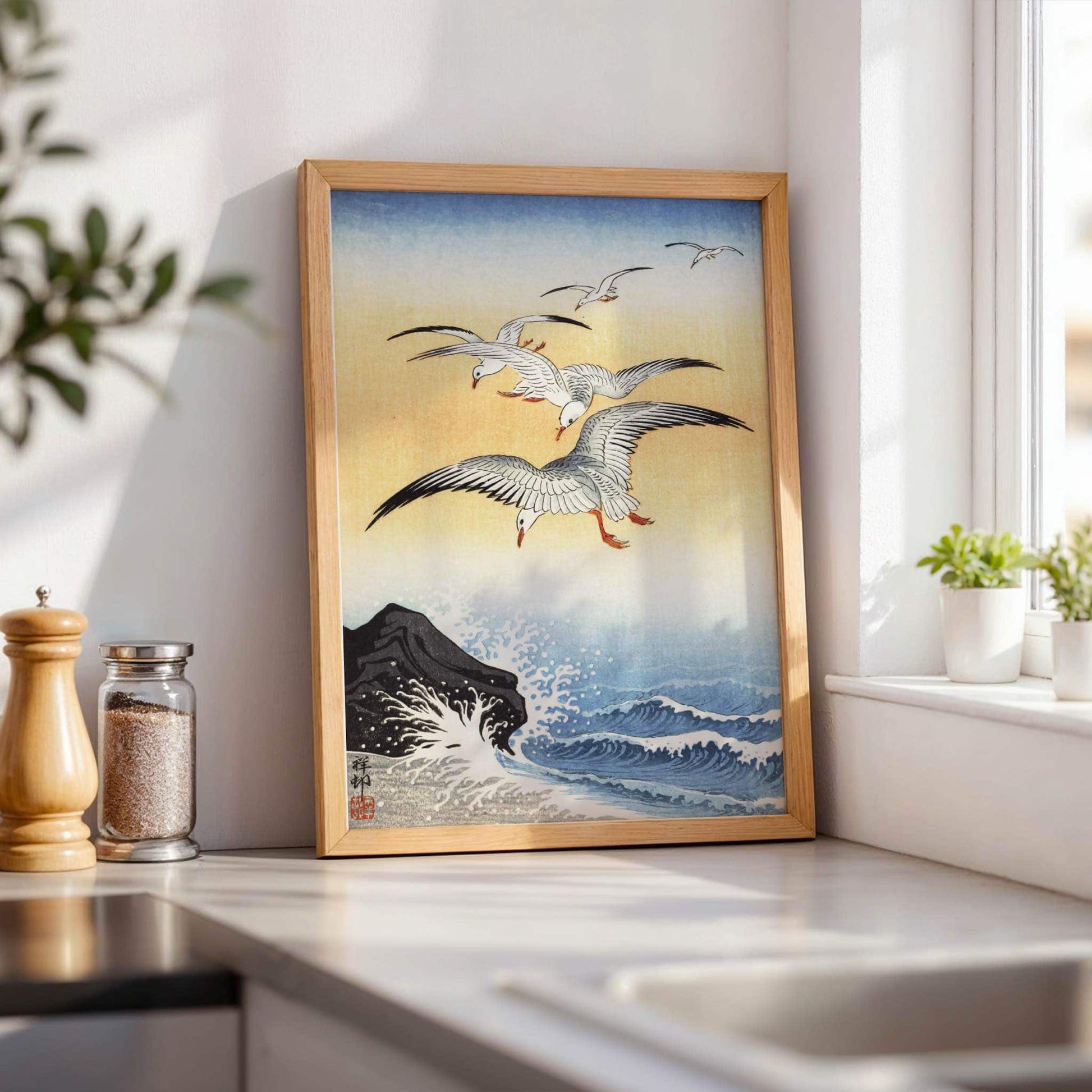 Five Seagulls Above Turbulent Sea by Ohara Koson, nature poster, nautical print, Japanese nature, shin-hanga, fine art poster, framed wall art, art poster