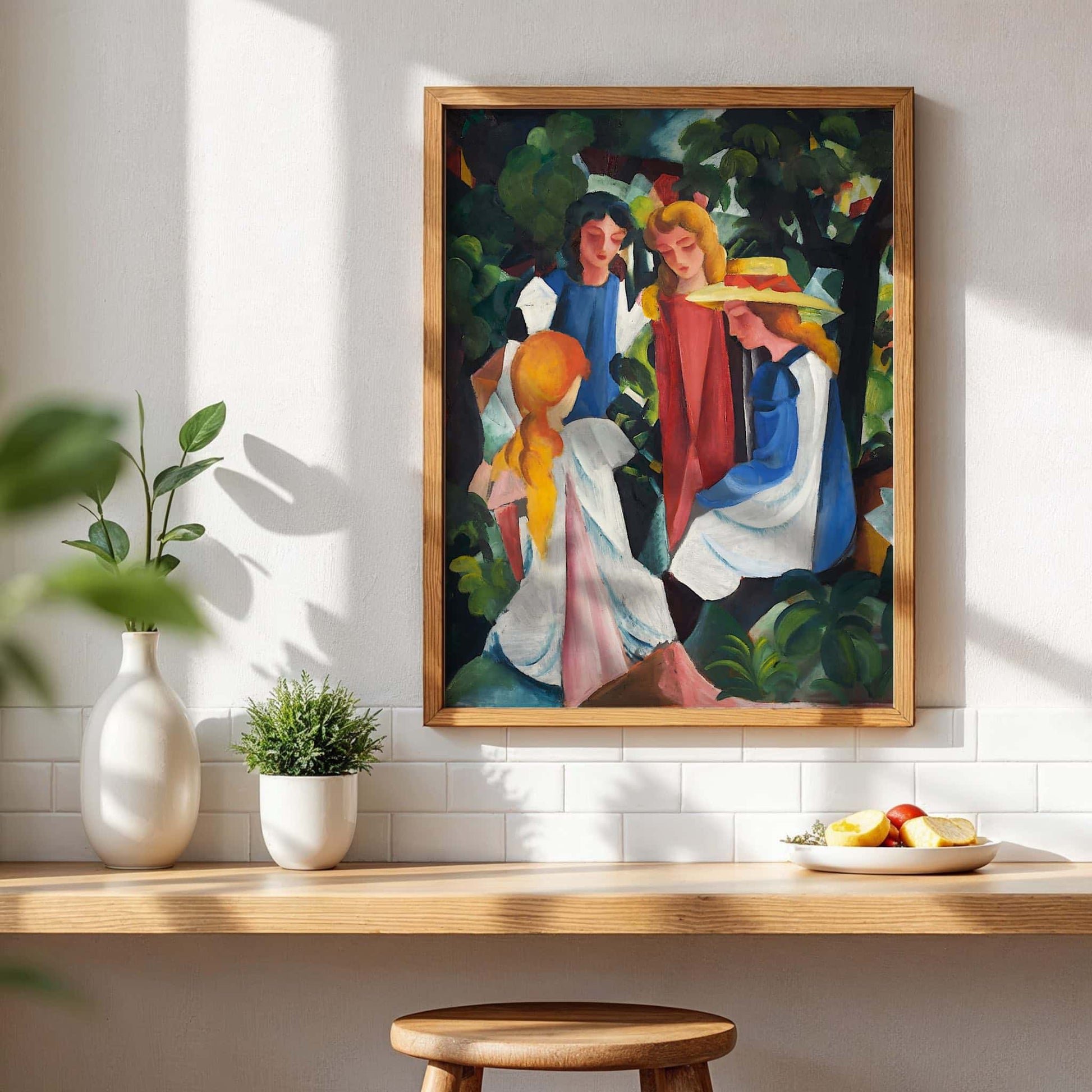 Four Girls by August Macke, vintage portrait, bold colour wall art, German Fauvist colour, garden, gallery wall decor, framed wall art, art poster