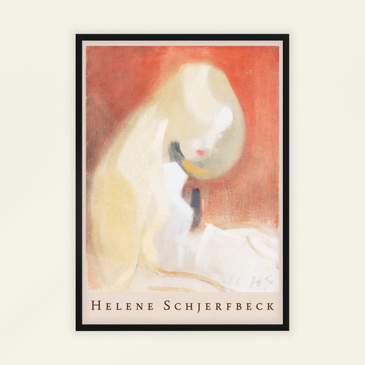 Framed artwork by Helene Schjerfbeck with a red background and abstract design. Girl with Blonde Hair by Helene Schjerfbeck.