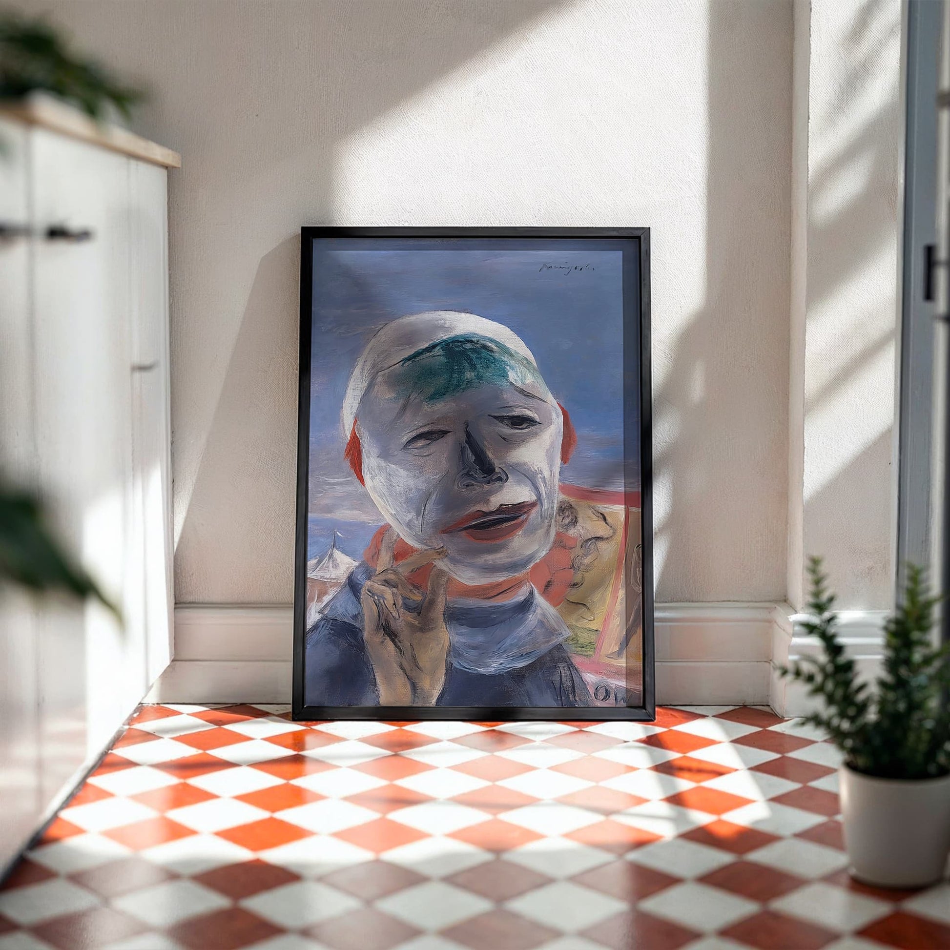 Yasuo Kuniyoshi artwork I Wear a Mask Today, expressive wall art print and modern portrait art for your home