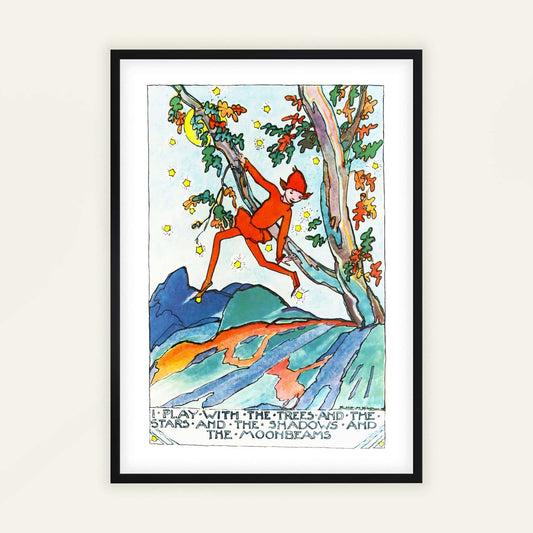 'I play with the trees and the stars and the shadows and the moonbeams' by Jessie Marion King. Framed artwork of a red fairy playing with trees and stars on a white background