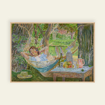 Framed artwork of a woman in a hammock with a table of fruit and drinks in a garden setting.