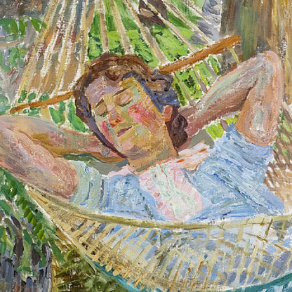 Painting of a person lying in a hammock with a natural background