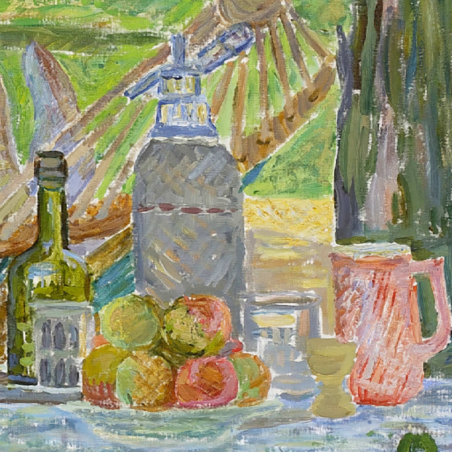 Still life painting with bottles, fruits, and a pitcher on a table.