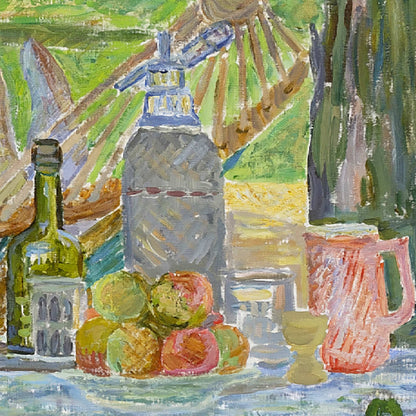 Still life painting with bottles, fruits, and a pitcher on a table.