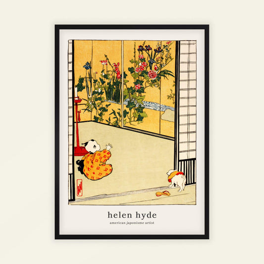 Interior Decoration by Helen Hyde | With artist's name. Framed artwork by Helen Hyde featuring two cats and a garden scene.