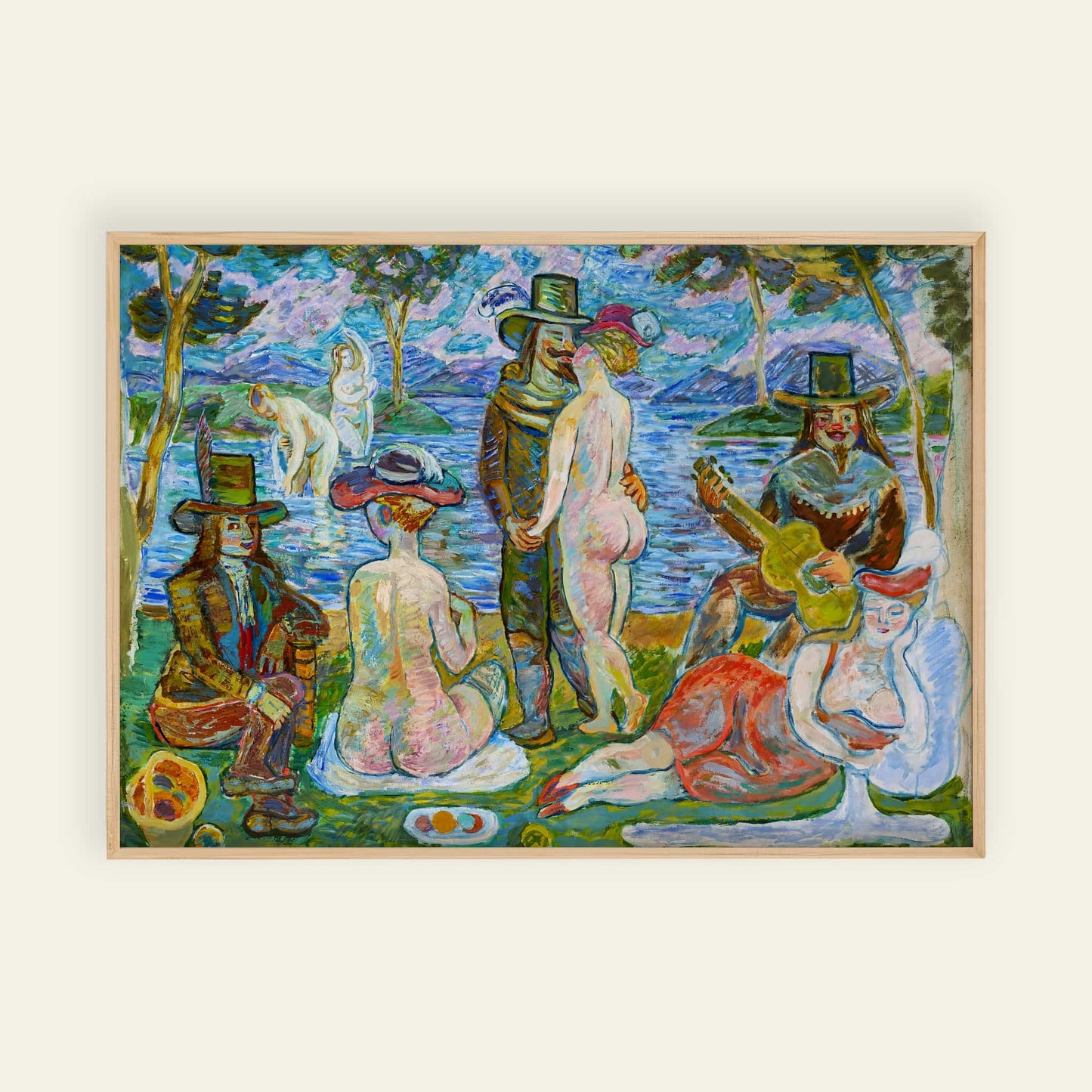 Framed artwork depicting figures in a natural setting with a guitar player and a woman in a red dress.