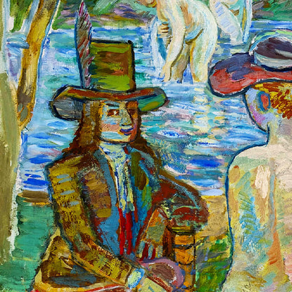 Colorful painting of a person with a hat and coat, possibly in a park or garden setting.