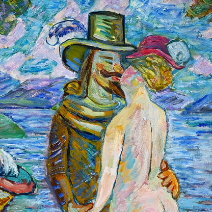 Colorful painting of a group of people by a body of water