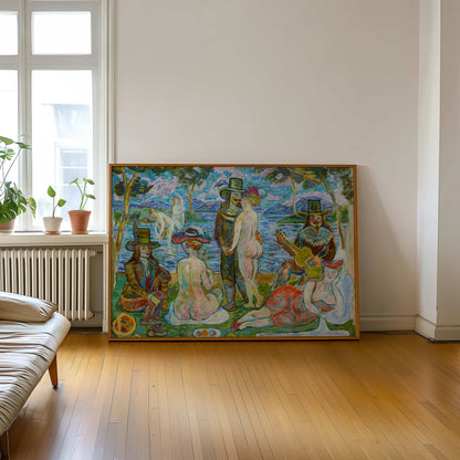 Colorful painting on a wall in a room with wooden floor and window.