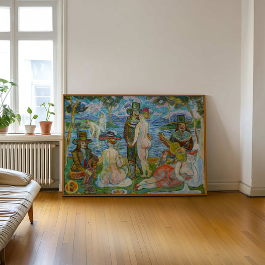 Colorful painting on a wall in a room with wooden floor and window.