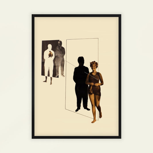 Jealousy by Laszlo Moholy-Nagy. Framed artwork of a stylized illustration of a couple and a child on a beige background.