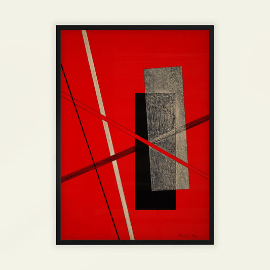 Konstruktion by Laszlo Moholy-Nagy. Abstract art piece with geometric shapes on a red background