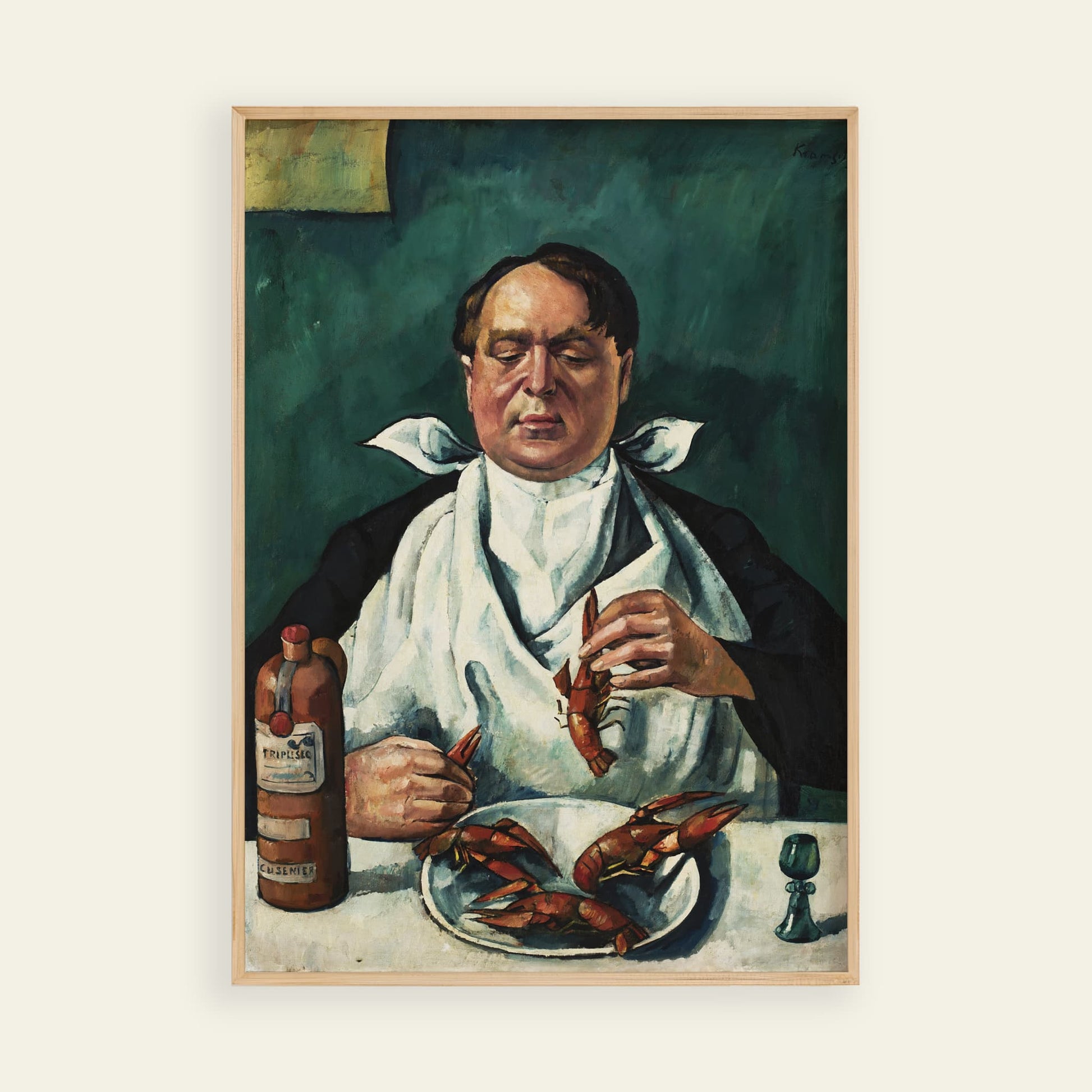 Framed artwork of a man eating crawfish with a bottle of hot sauce on a white background