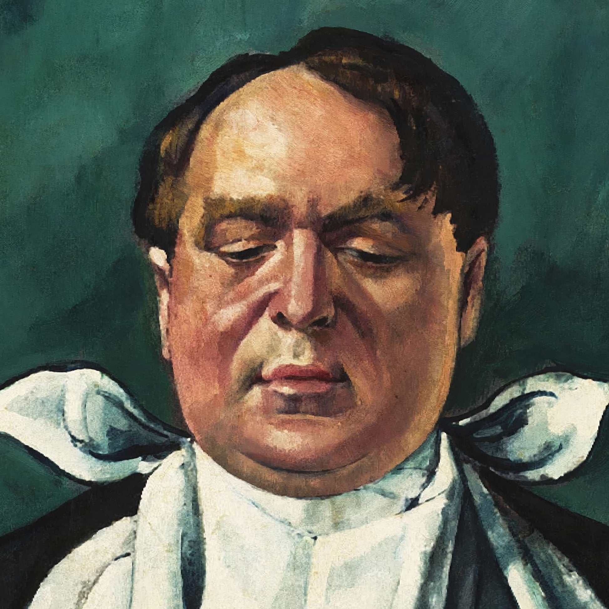 Close-up of a classical painting of a man with a dark background