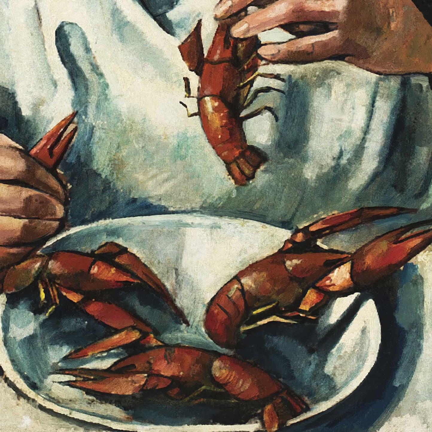 Artistic depiction of crayfish on a plate with a hand reaching in, on a textured surface.
