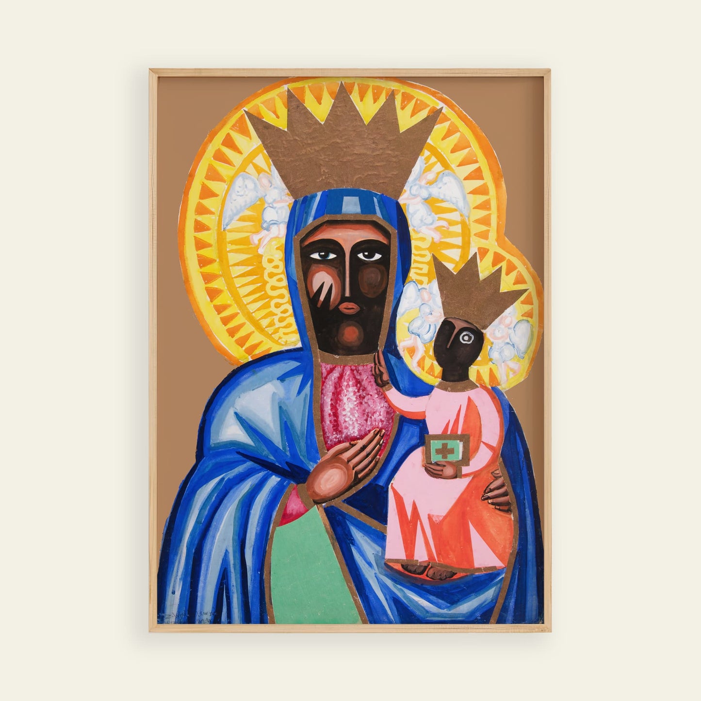 Painting of a religious figure holding a child with a gold frame