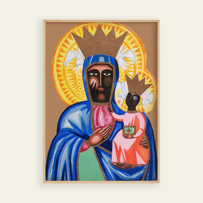 Painting of a religious figure holding a child with a gold frame