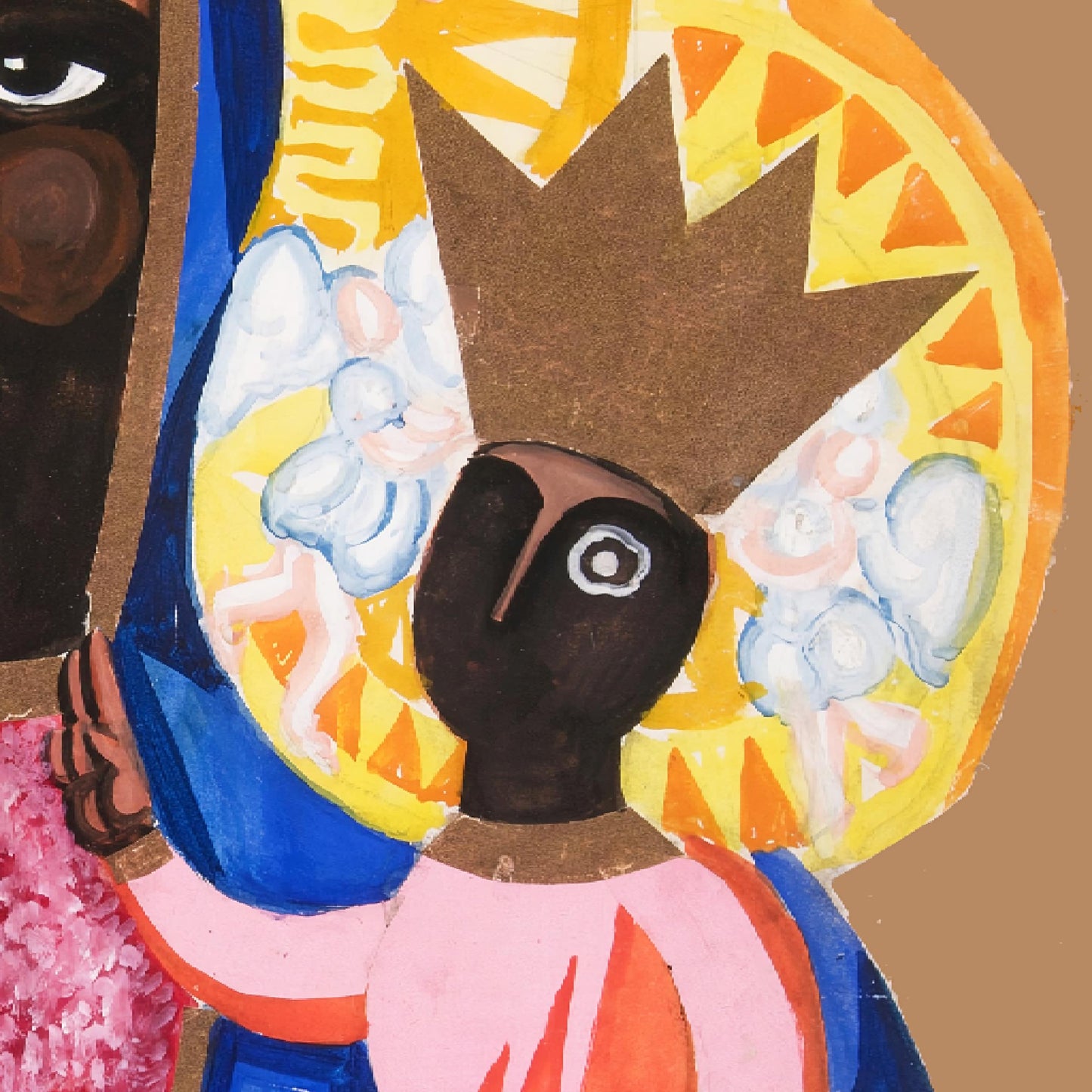 Colorful artwork of a figure holding a circular object with abstract designs