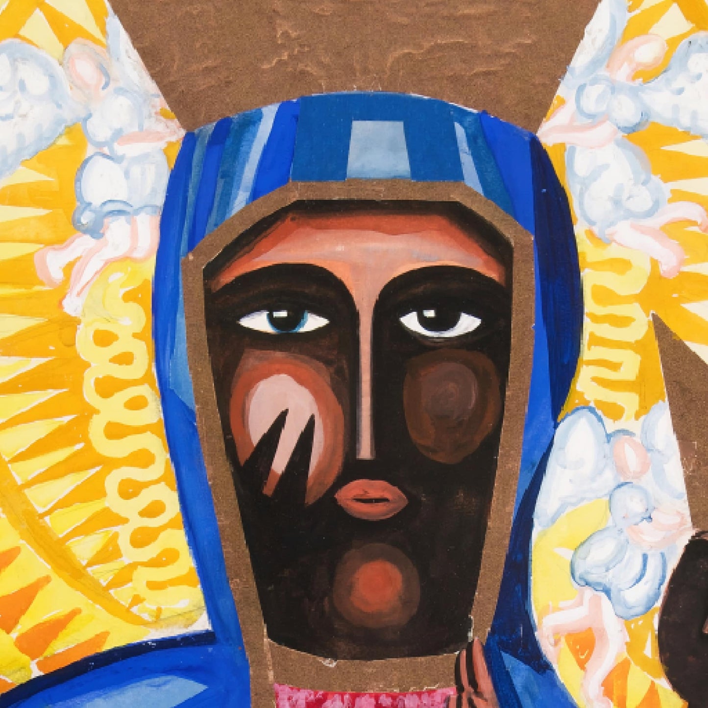 Artistic depiction of a face with a blue headscarf against a colorful background