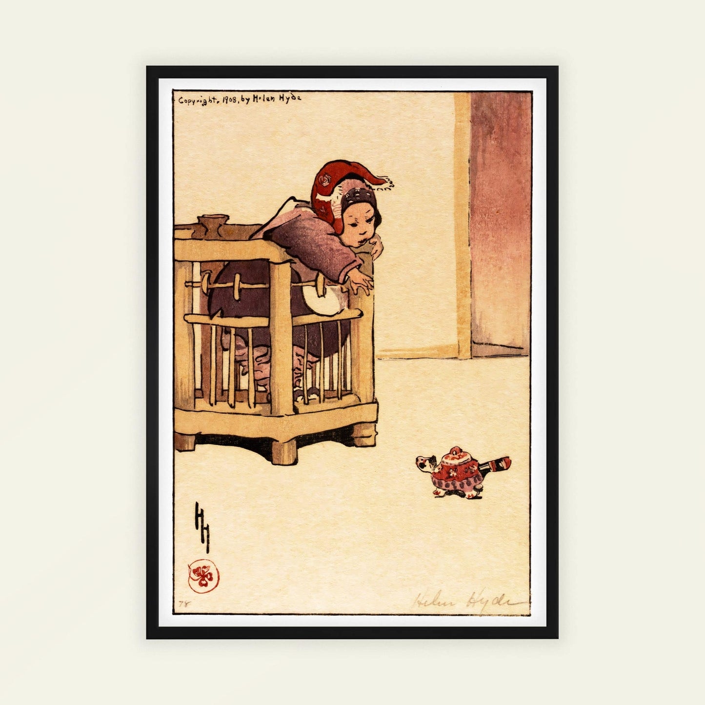 Miss Apricot-Cloud by Helen Hyde, woodblock poster, figure wall art, American nursery, woodblock, modern home decor, framed wall art, art poster