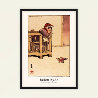 Miss Apricot-Cloud by Helen Hyde (with artist's name), woodblock poster, figure wall art, American nursery, woodblock, large wall art, framed wall art, art poster