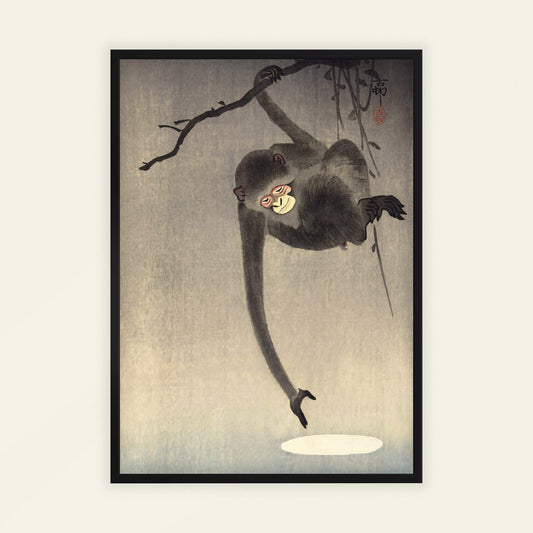 Monkey Reaching for the Moon by Ohara Koson. Framed artwork of a monkey holding a peach against a textured background