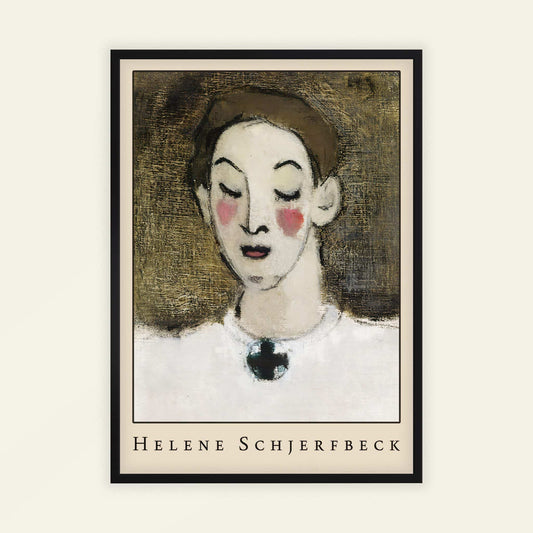 Framed artwork of a portrait with 'Helene Schjerfbeck' on a textured background. Nurse I (Kaija Lahtinen) by Helene Schjerfbeck