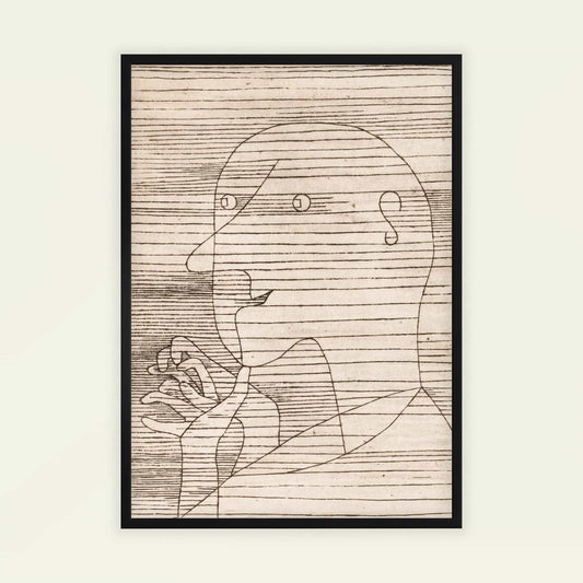 Old Man Counting by Paul Klee. Framed line art of a face on a textured beige background