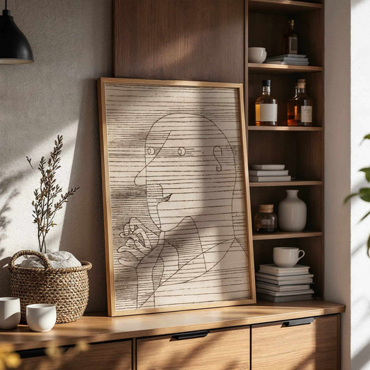 Old Man Counting by Paul Klee. Framed artwork on a wooden shelf with books and bottles in a room setting