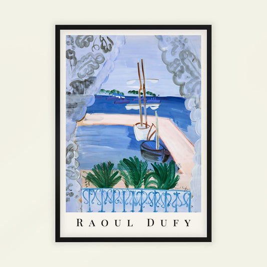 Open Window in Golfe-Juan by Raoul Dufy | With artist’s name. Framed artwork by Raoul Dufy featuring a scenic view with plants and a pool.