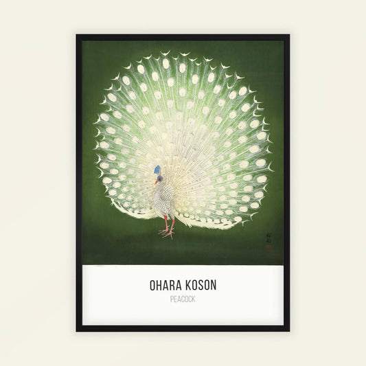 Framed artwork of a peacock by Ohara Koson on a green background
