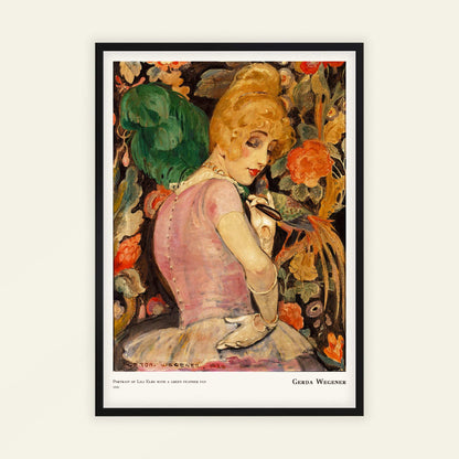 Portrait of Lili Elbe with a green feather fan by Gerda Wegener (with artist's name), Art Nouveau print, flower wall art, Danish Art Deco, portrait, living room wall art, framed wall art, art poster