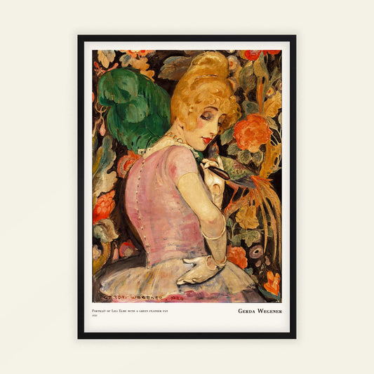 Portrait of Lili Elbe with a green feather fan by Gerda Wegener