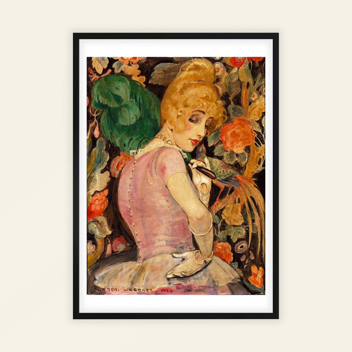 Portrait of Lili Elbe with a green feather fan by Gerda Wegener, figure wall art, Art Nouveau print, Danish portrait, Paris style, affordable wall art, framed wall art, art poster