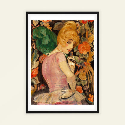 Portrait of Lili Elbe with a green feather fan by Gerda Wegener, figure wall art, Art Nouveau print, Danish portrait, Paris style, affordable wall art, framed wall art, art poster
