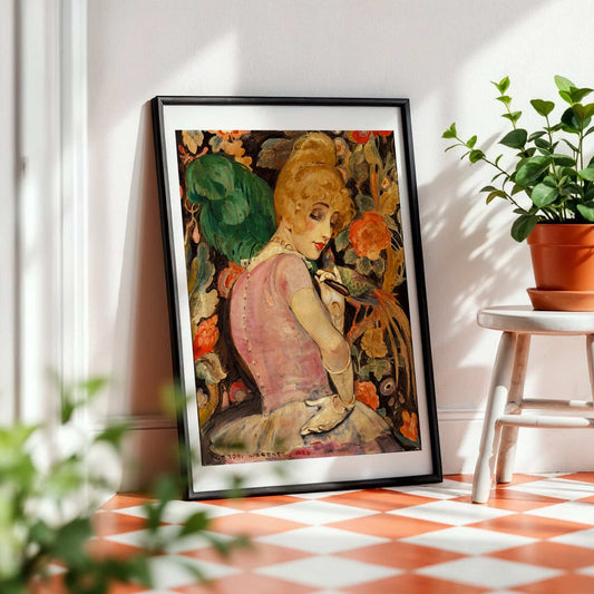 Portrait of Lili Elbe with a green feather fan by Gerda Wegener, portrait print, vintage portrait, Danish fashion illustration, Lili Elbe, living room wall art, framed wall art, art poster