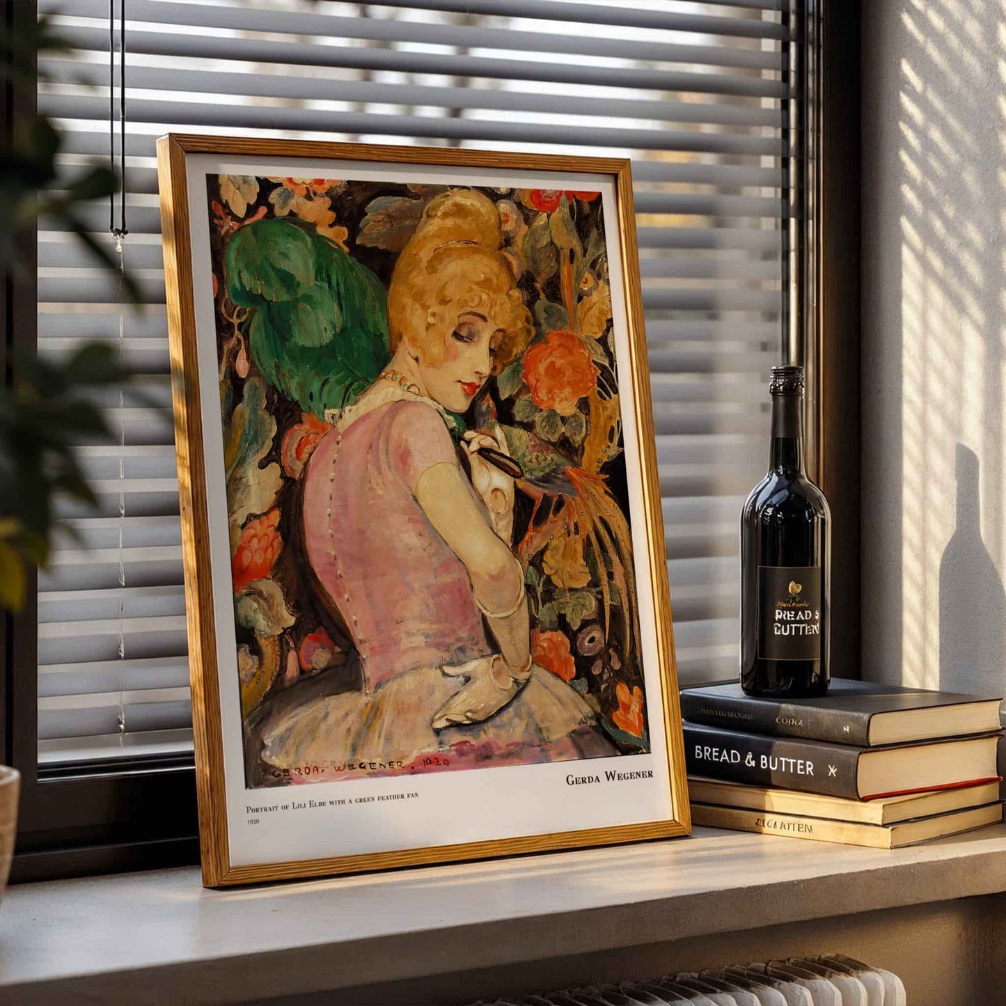 Portrait of Lili Elbe with a green feather fan by Gerda Wegener (with artist's name), vintage portrait, botanical print, Danish Paris style, fashion illustration, large wall art, framed wall art, art poster