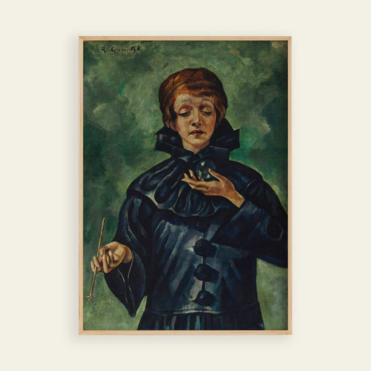 Artistic portrait of a person in a dark blue garment against a green background