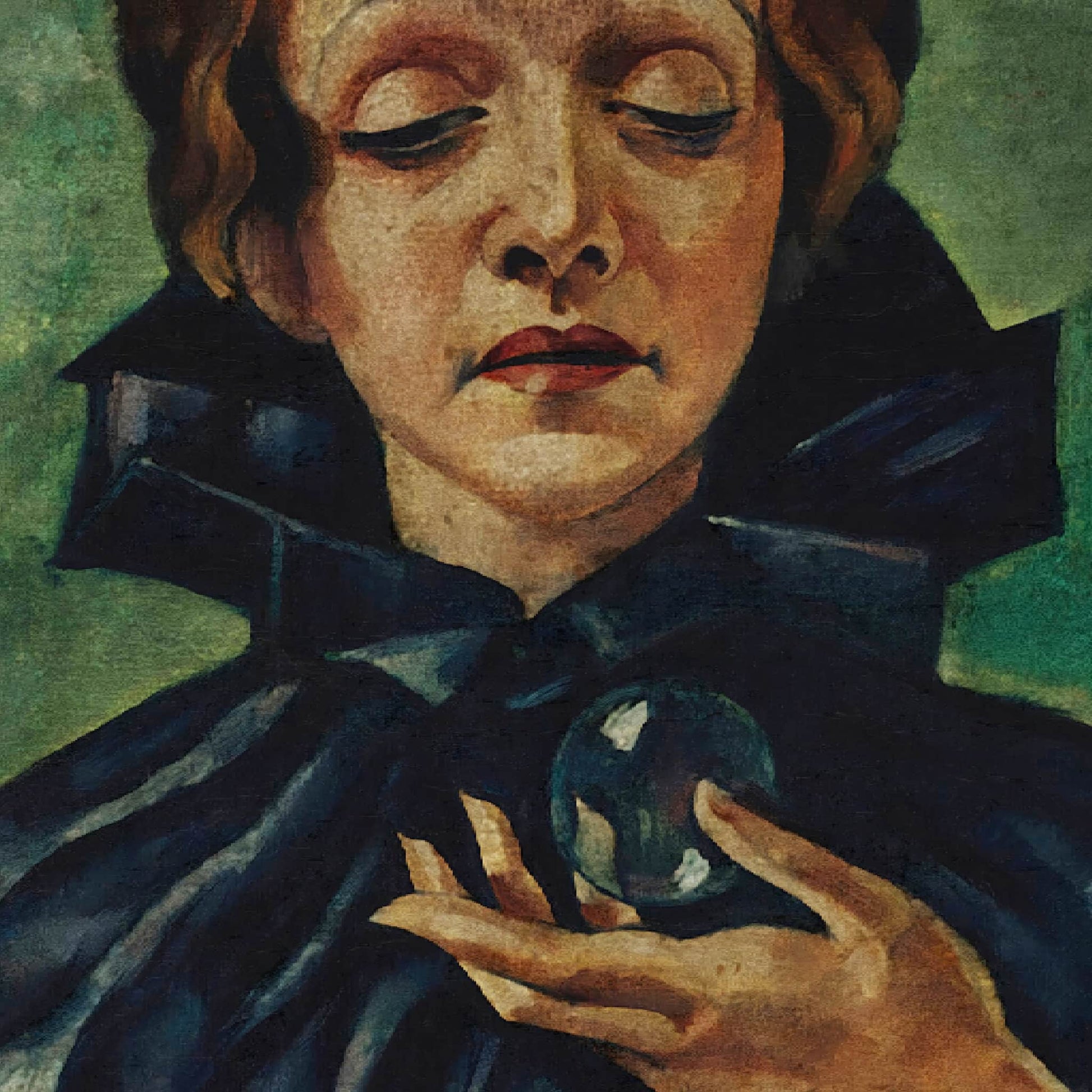 Artistic depiction of a person holding a crystal ball with a greenish background