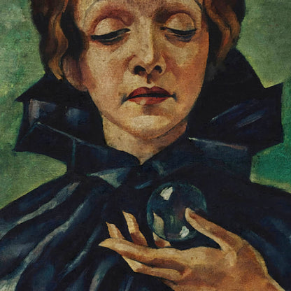 Artistic depiction of a person holding a crystal ball with a greenish background
