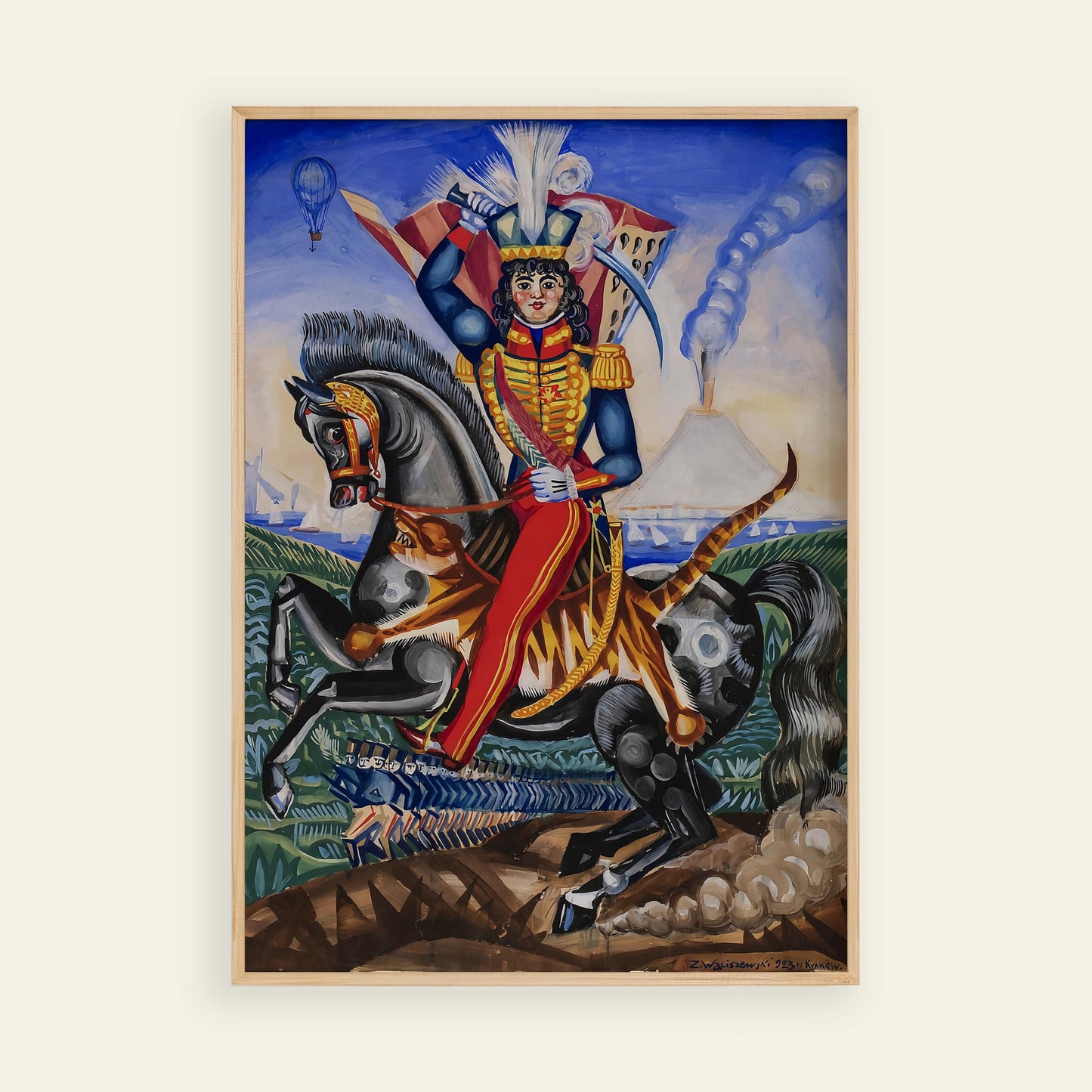Framed artwork of a person in military attire riding a horse with a colorful background.