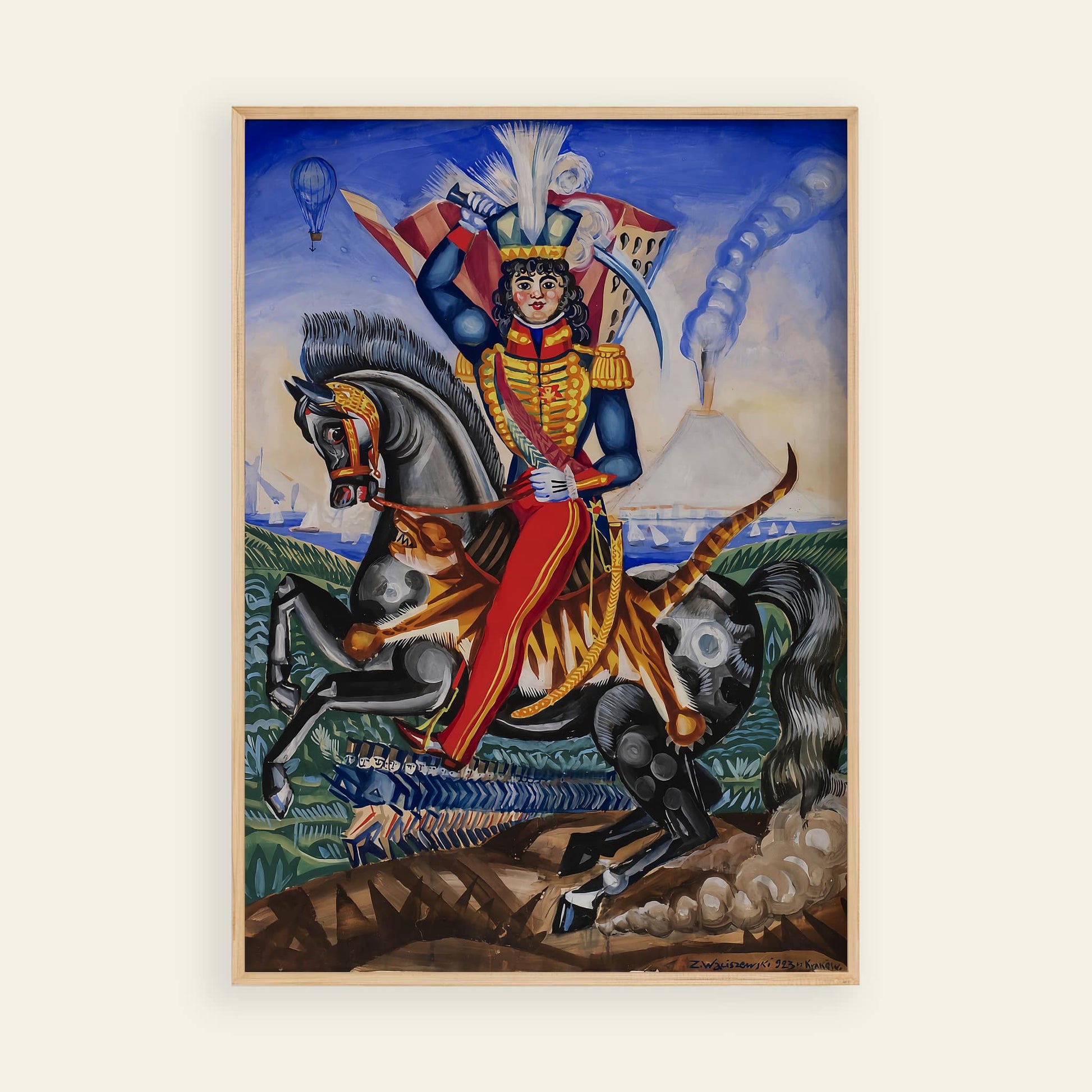 Framed artwork of a person in military attire riding a horse with a colorful background.