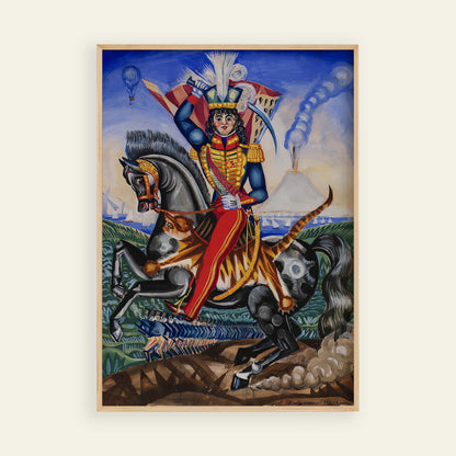 Framed artwork of a person in military attire riding a horse with a colorful background.